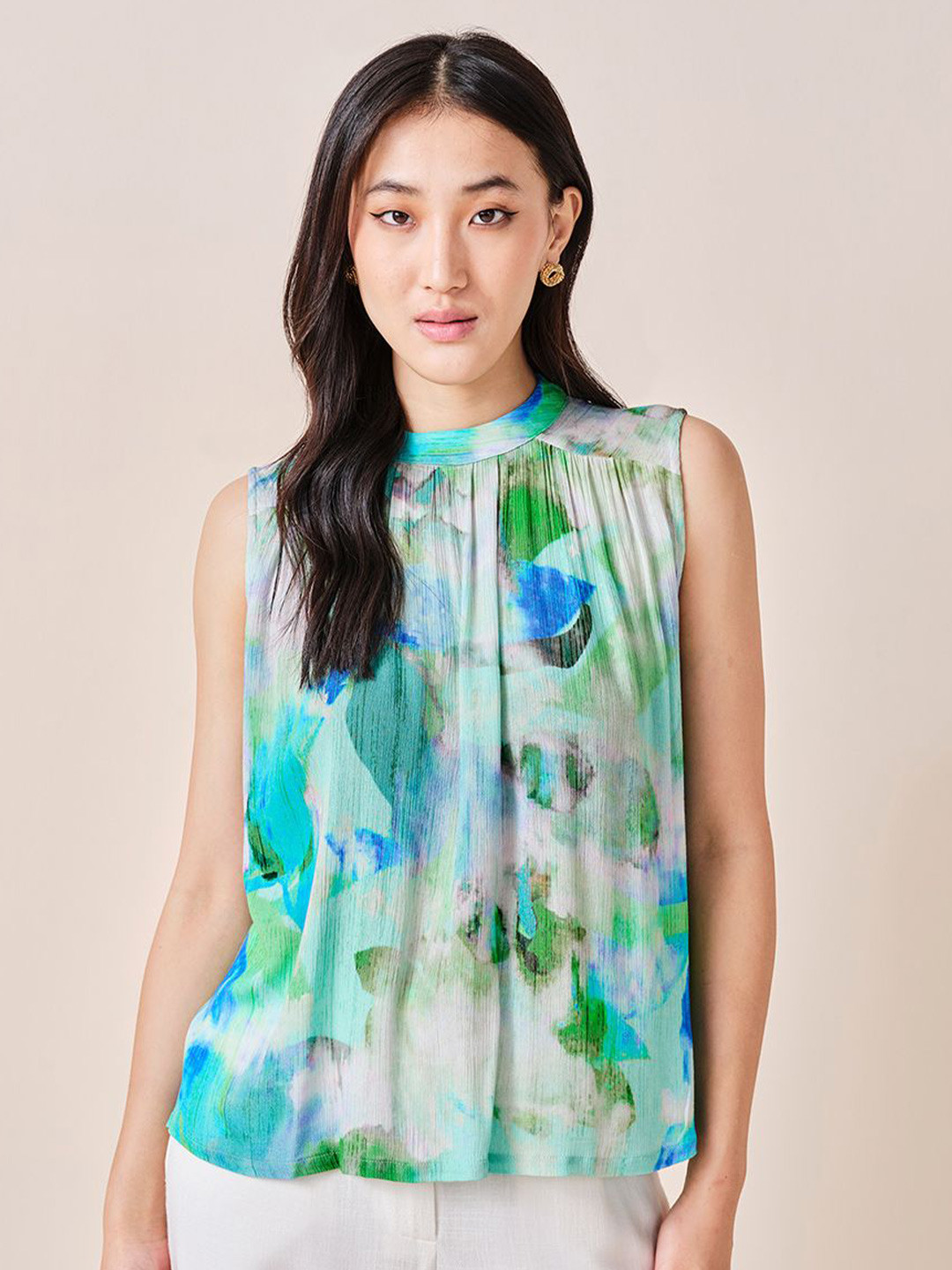 

AND women viscose rayon mandarin collar abstract printed styled back top, Green