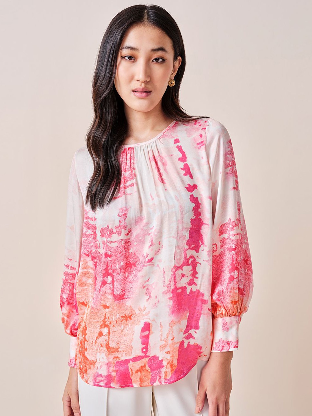 

AND Women Tie and Dye Round Neck Long Sleeve Top, Pink