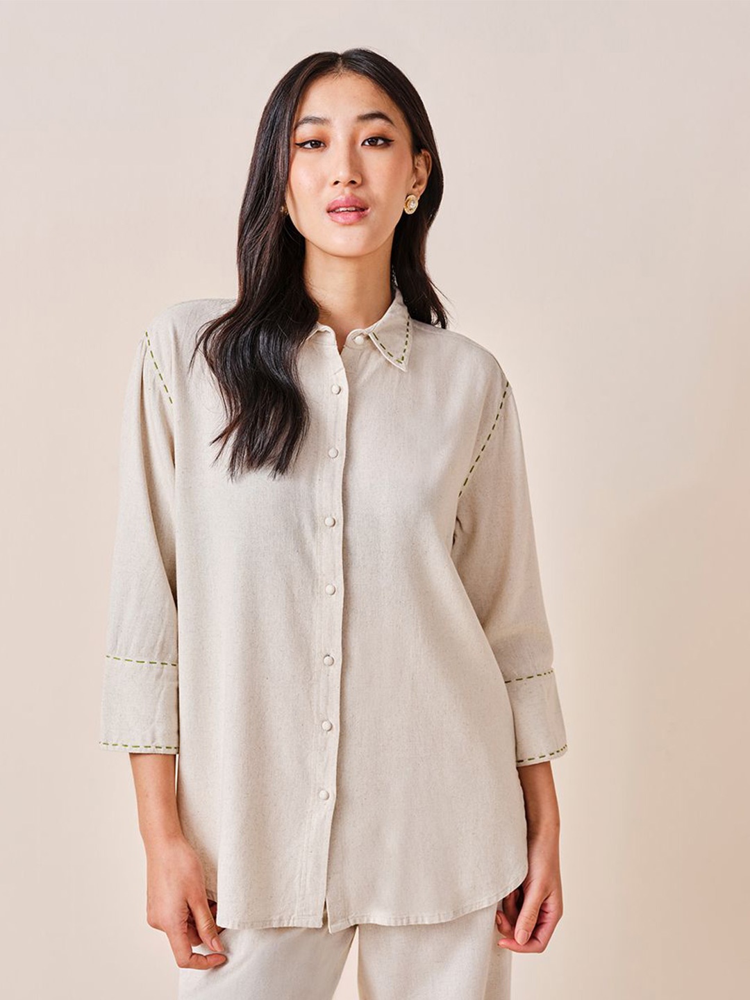 

AND Shirt Collar Cuffed Sleeves shirt style Longline Top, Beige