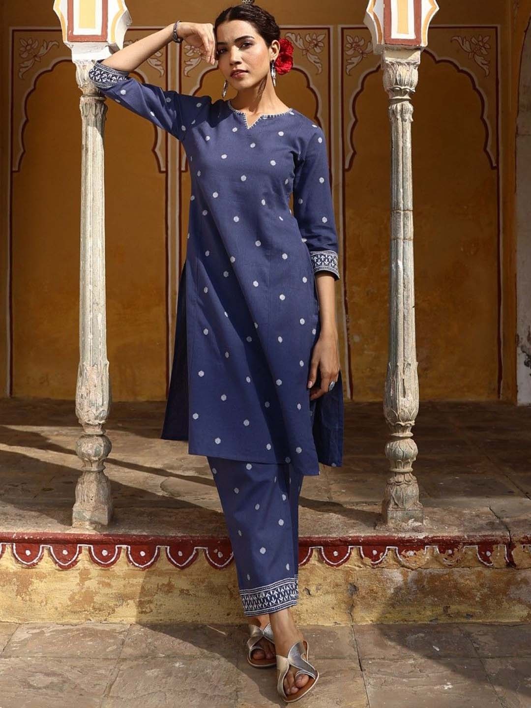 

AUTUMN LANE Ethnic Motifs Printed Regular Pure Cotton Kurta with Trousers, Blue