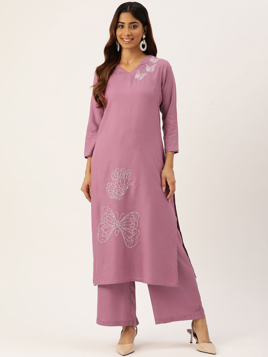 

Autumn Lane Floral Printed V-Neck Pure Cotton Straight Kurta With Palazzos, Purple