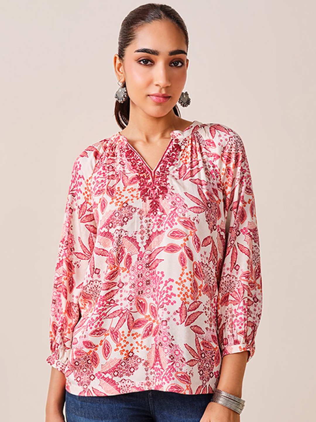 

Global Desi Floral Printed Mandarin Collar Top, Red