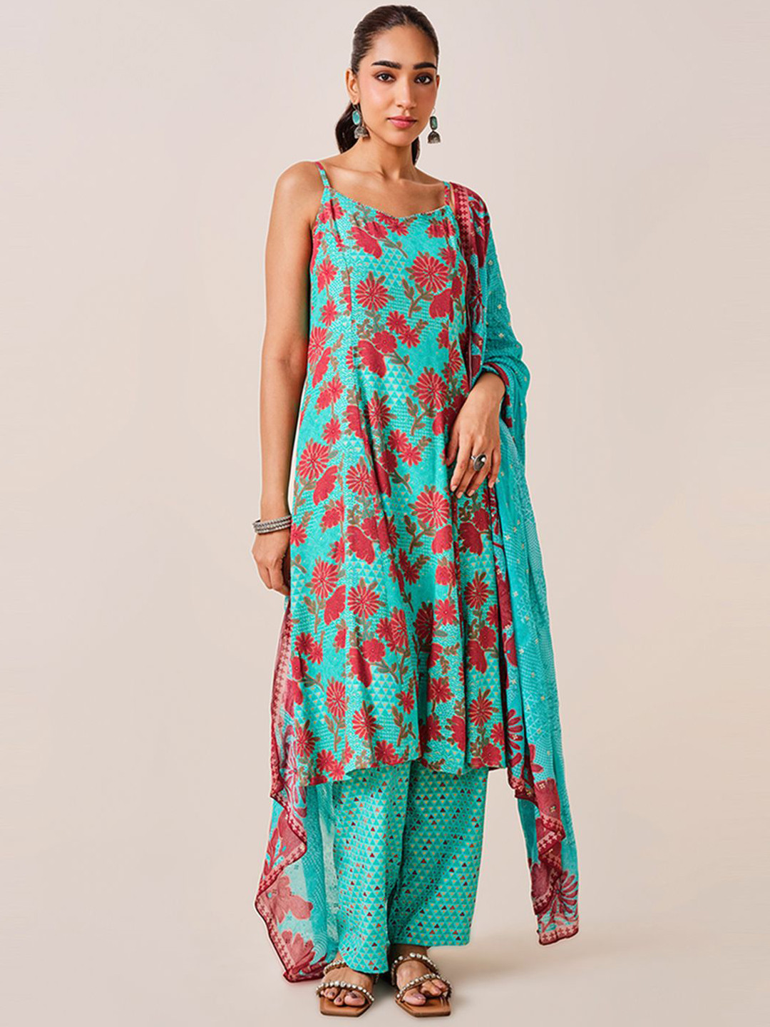 

Global Desi Floral Printed Shoulder Straps A-Line Kurta With Trousers & Dupatta, Blue