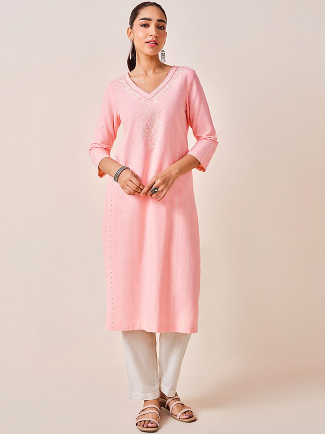 

Global Desi Ethnic Motifs Embroidered A-Line Kurta, Coral