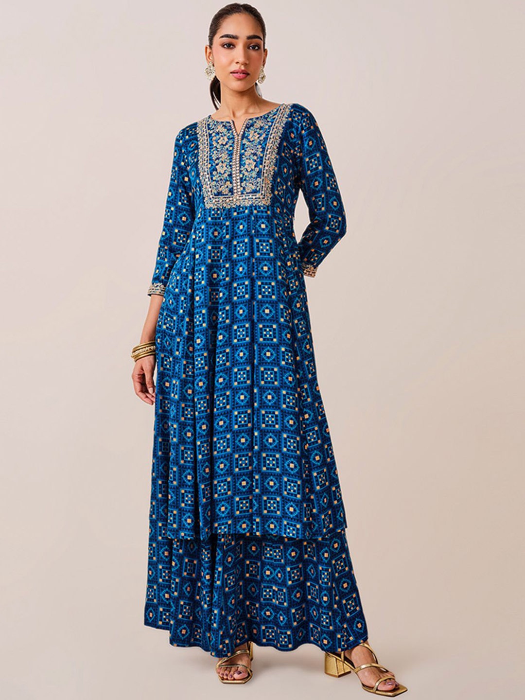 

Global Desi Geometric Printed Thread Work Anarkali Kurta With Palazzos, Blue