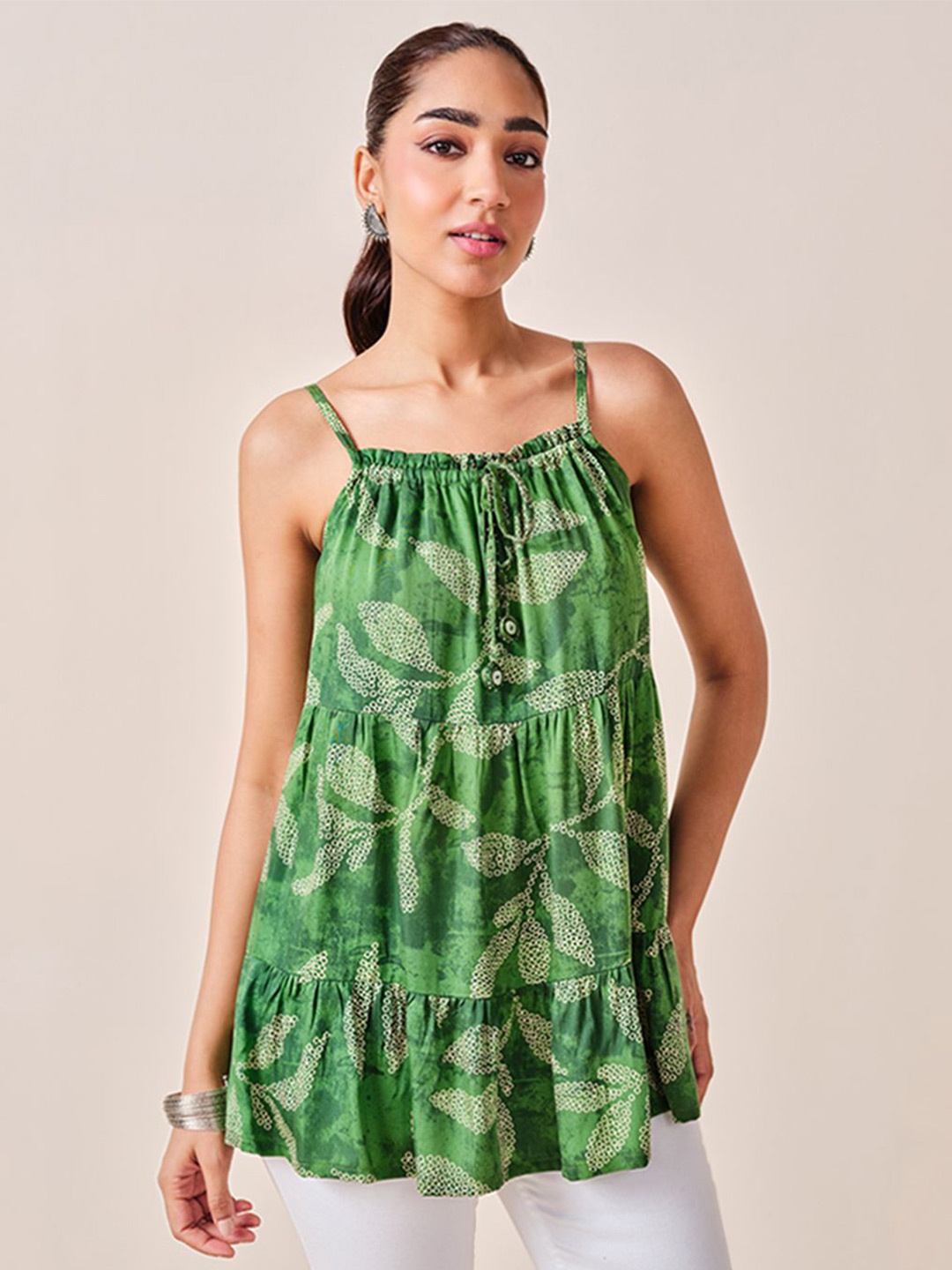 

Global Desi viscose rayon shoulder straps tie-ups tropical print top, Green