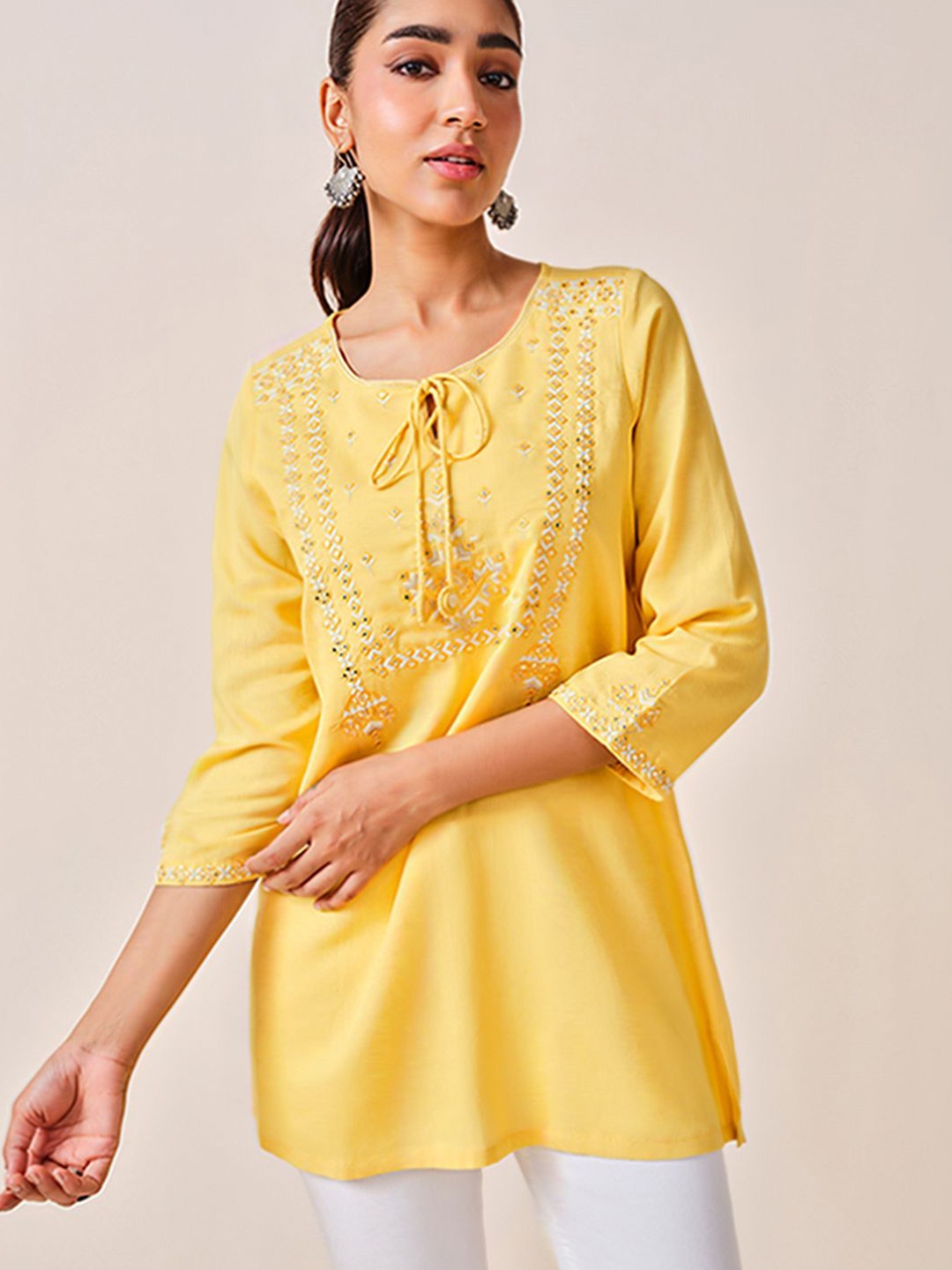 

Global Desi Solid Embroidered Ethnic Tunic, Mustard