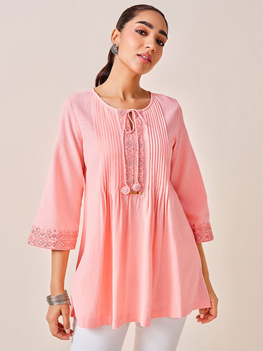 

Global Desi Solid Embroidered Tunic, Peach