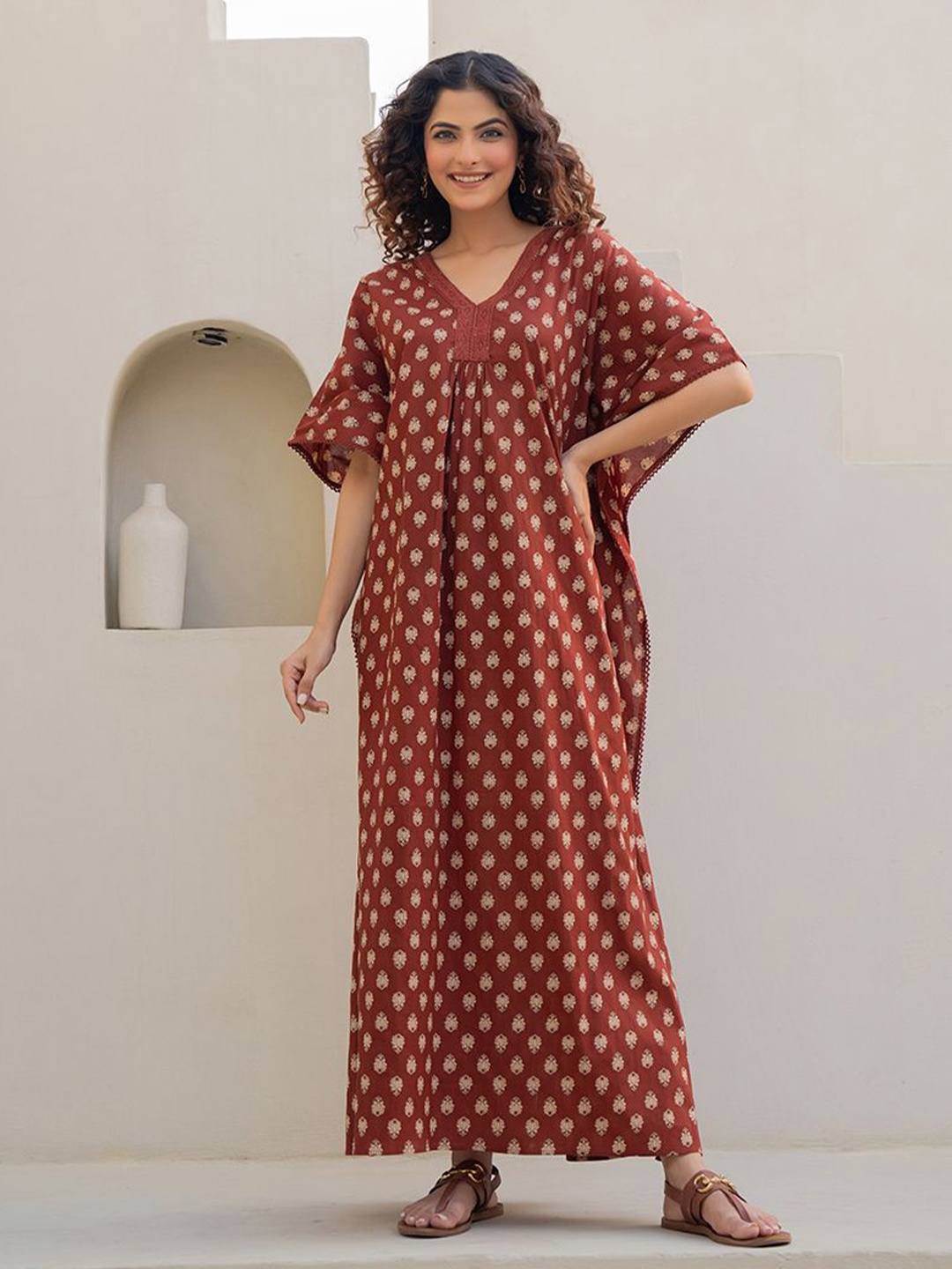 

FEATHERS CLOSET Printed Kaftan Dress, Brown