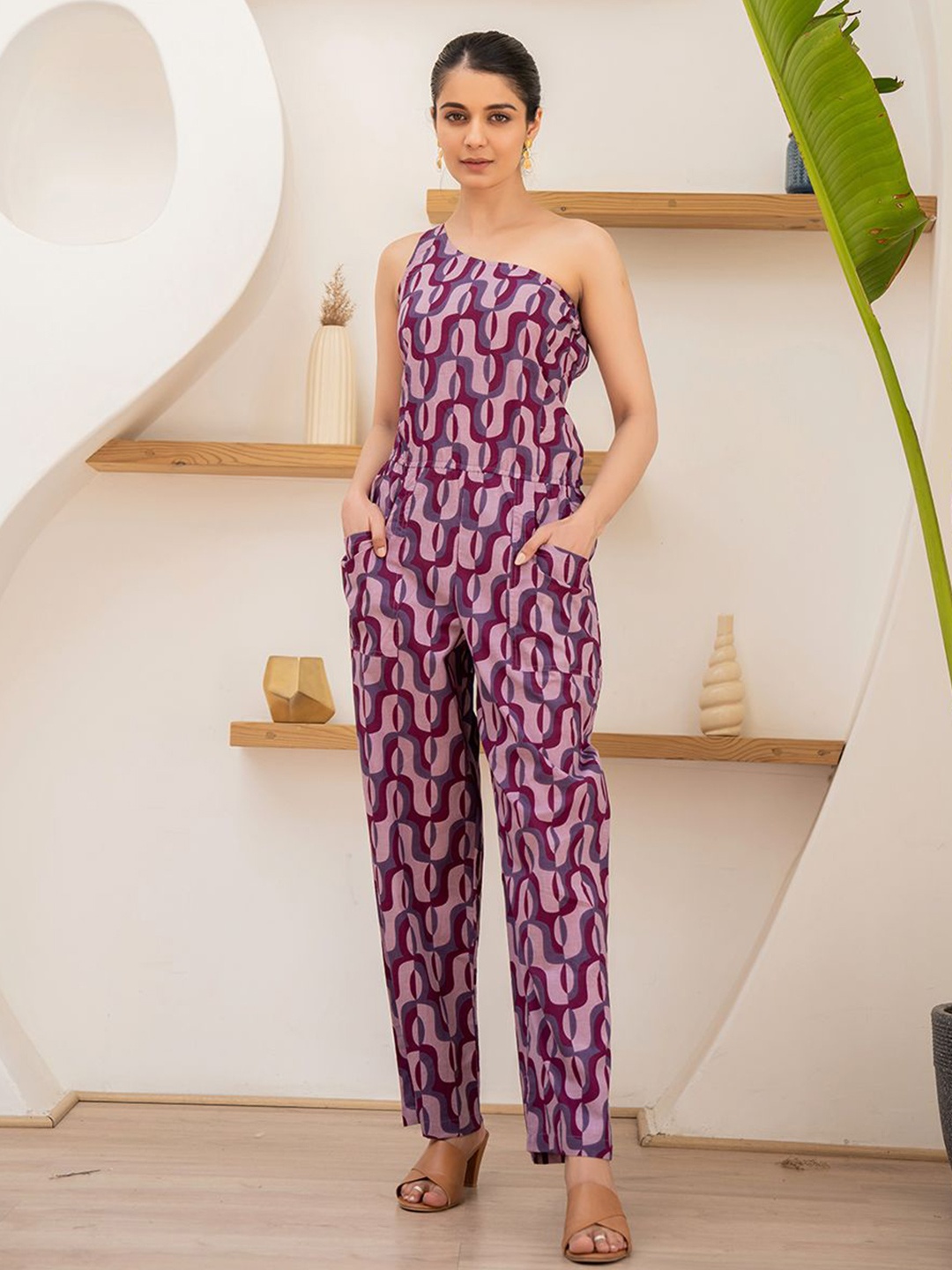 

FEATHERS CLOSET Printed One Shoulder Cotton Basic Jumpsuit, Pink