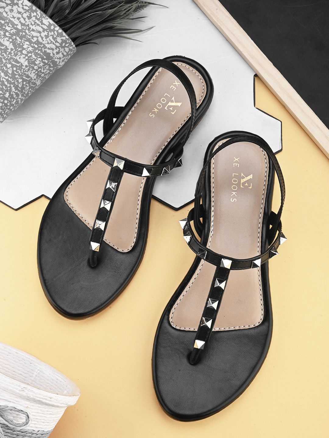 

XE Looks Embellished Open Toe T-Strap Flats, Black