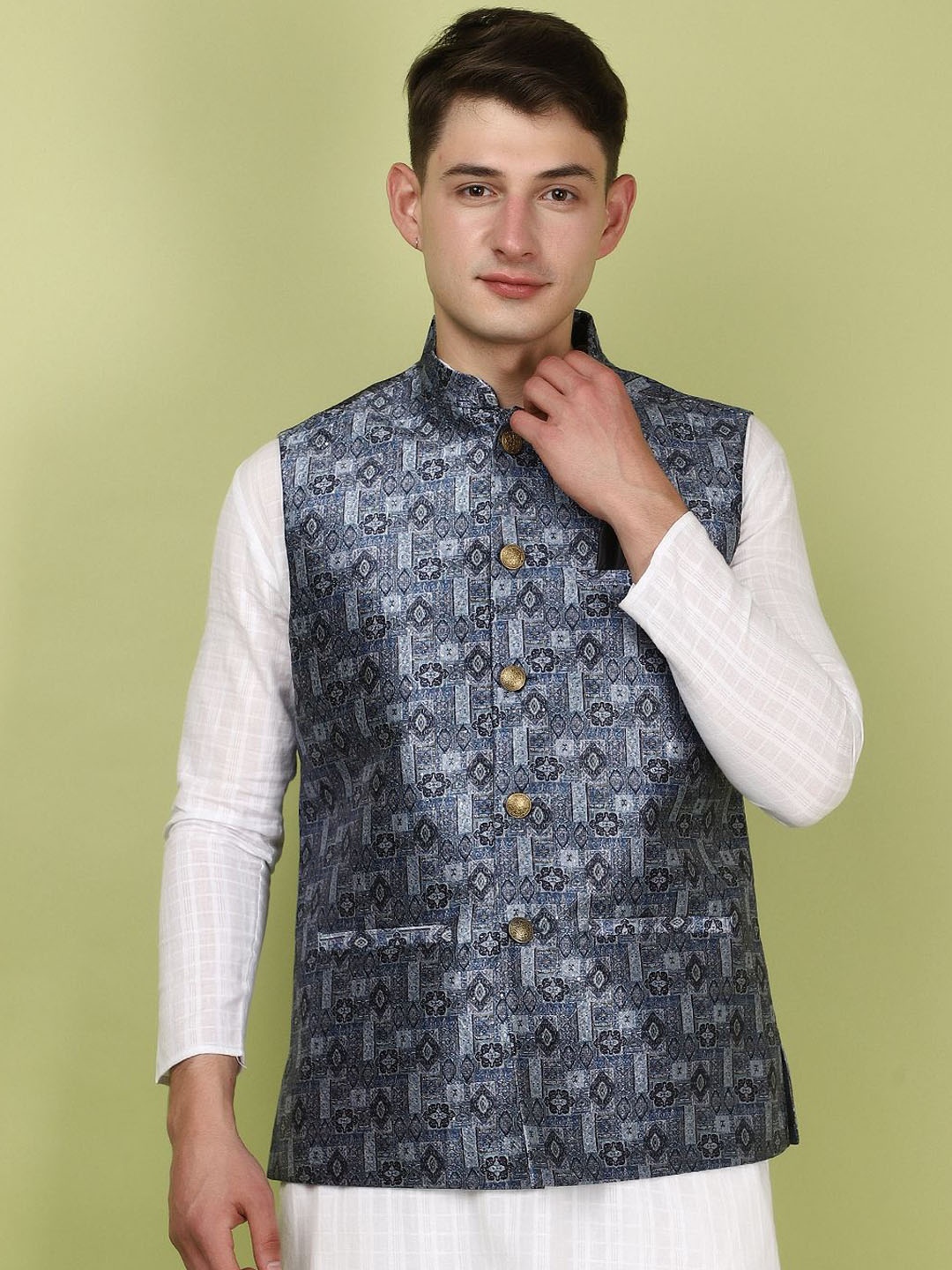 

V-Mart Men Printed Woven Nehru Jacket, Blue