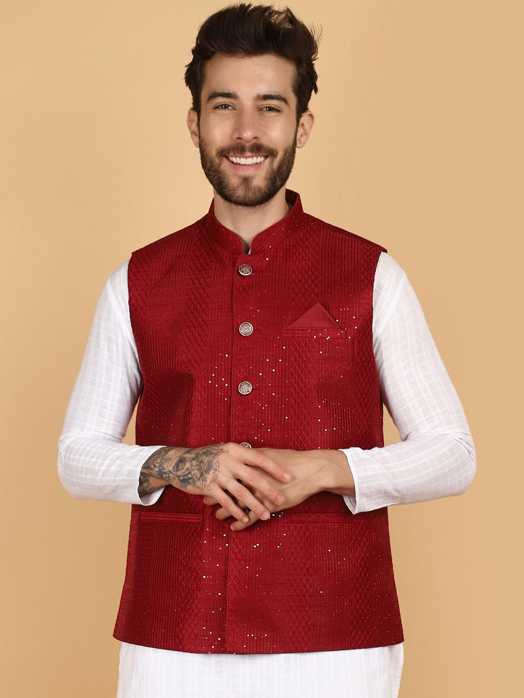 

V-Mart Men's Embroidered Sequinned Woven Design Nehru Jackets, Red