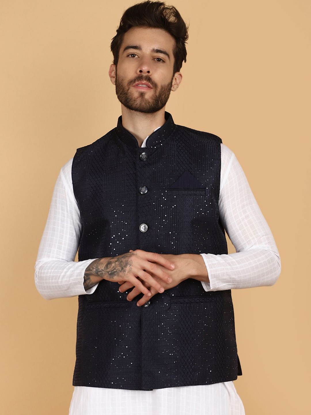 

V-Mart Sequence Embellished Textured Nehru Jackets, Navy blue