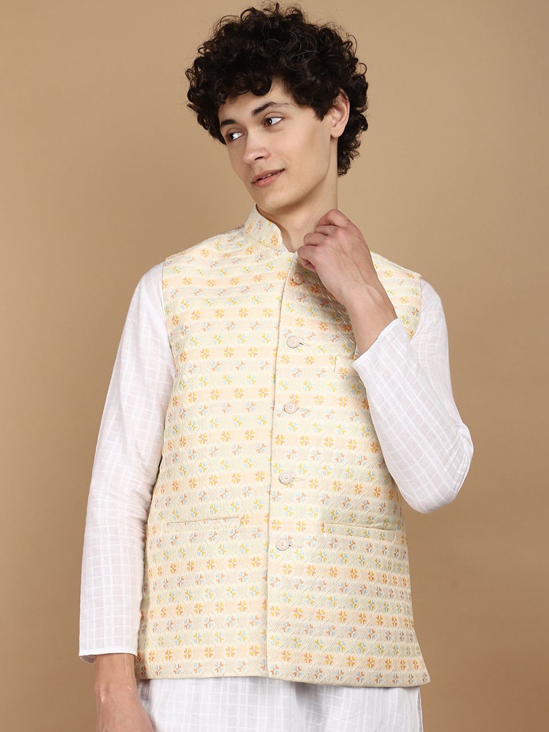 

V-Mart Men's Self-Design Woven Nehru Jackets, Beige
