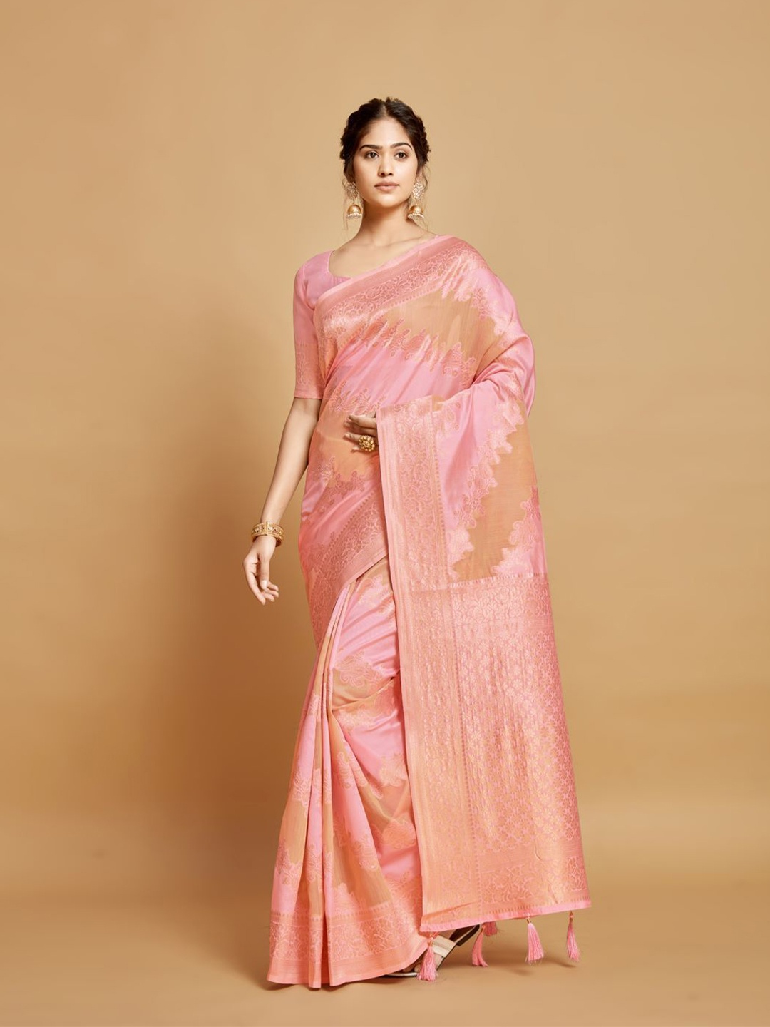 

HEER FASHION Woven Design Zari Kanjeevaram Saree, Pink
