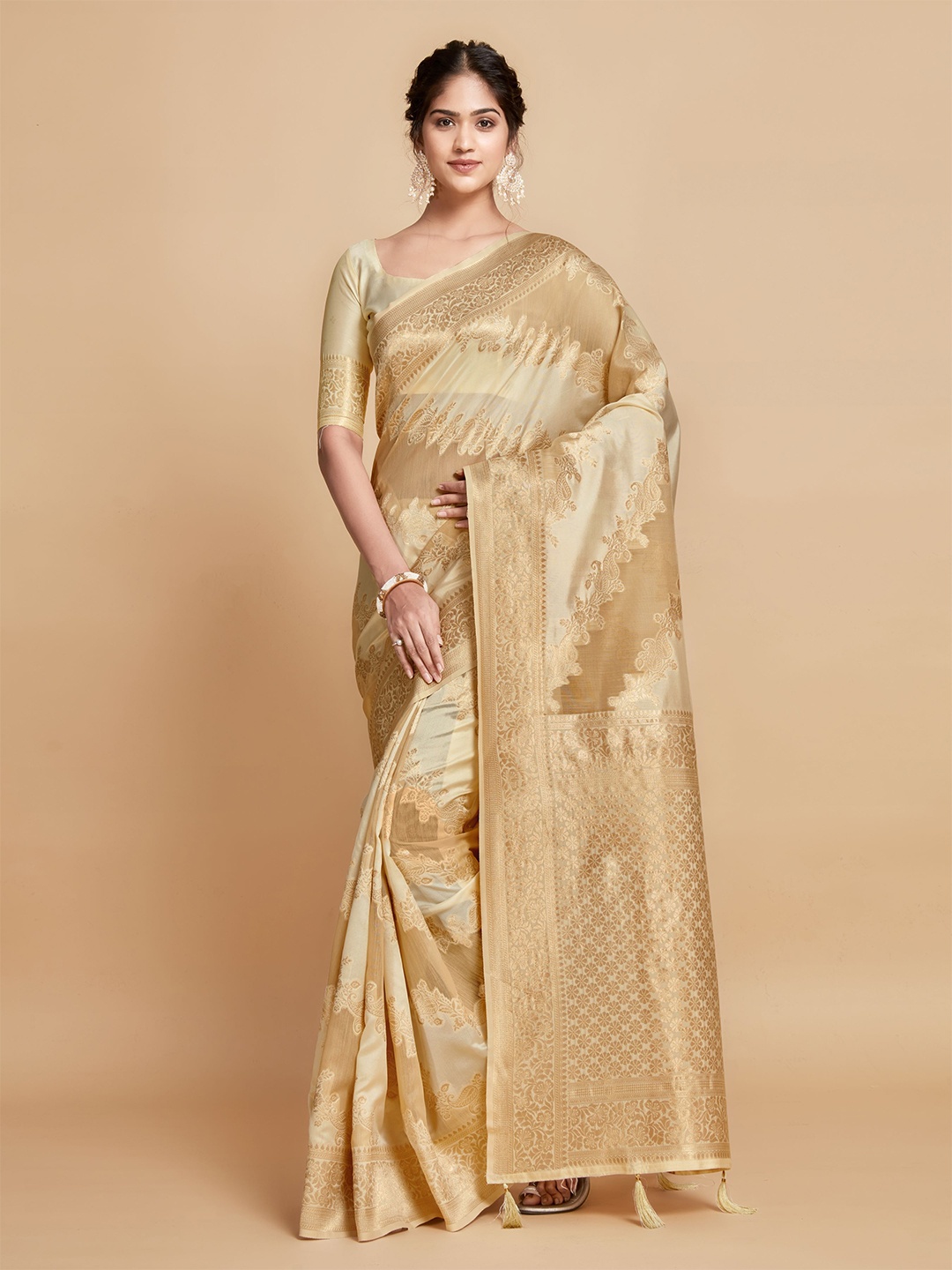 

HEER FASHION Woven Design Zari Kanjeevaram Saree, Beige
