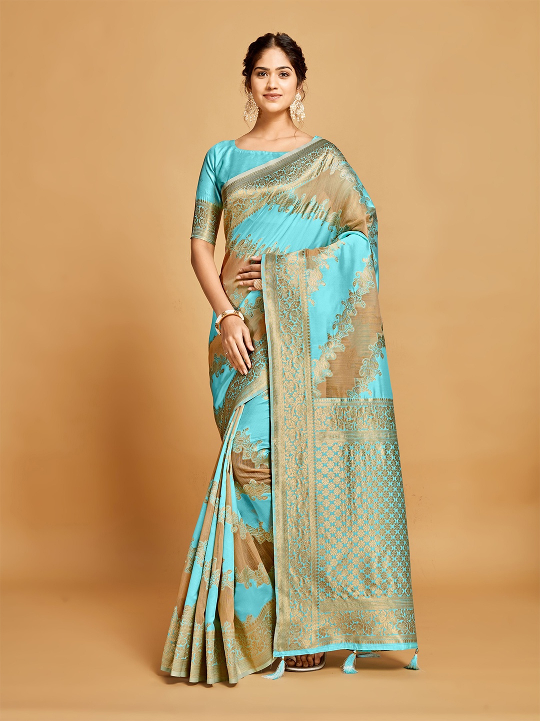 

HEER FASHION Woven Design Zari Kanjeevaram Saree, Blue