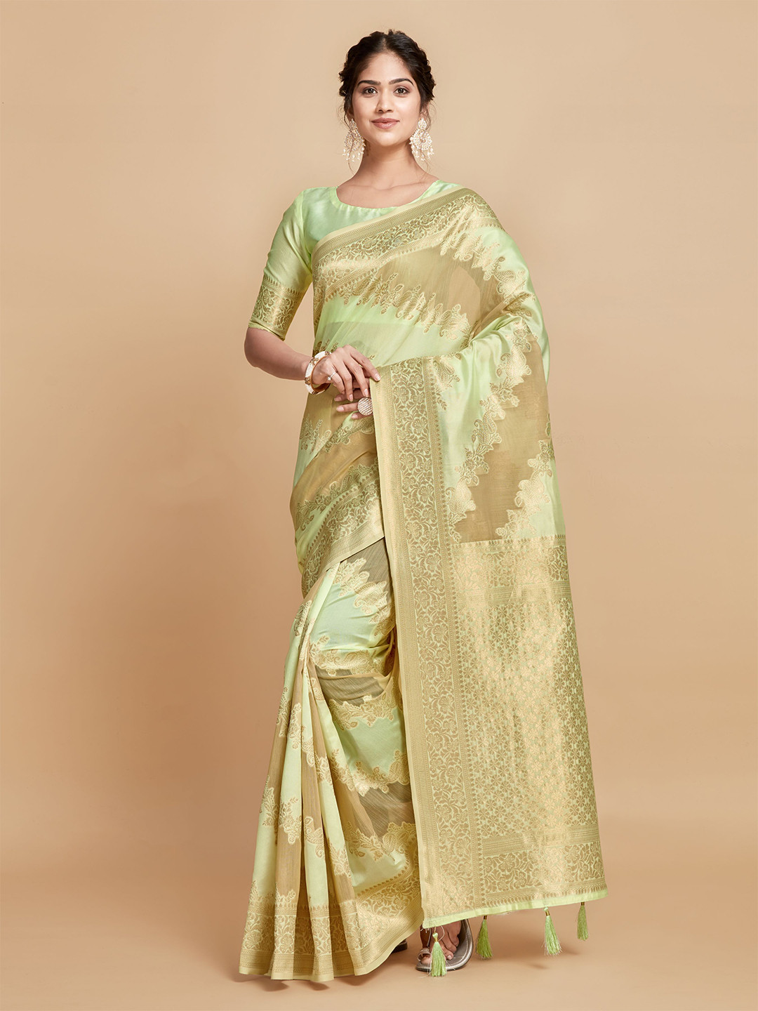 

HEER FASHION Woven Design Zari Kanjeevaram Saree, Green