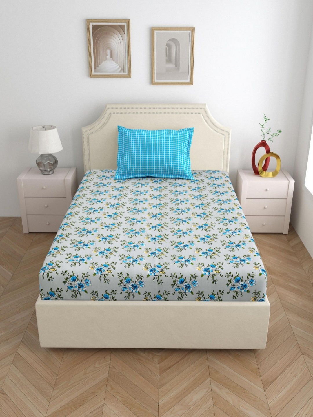 

Salona Bichona Blue & White Printed 144 TC Pure Cotton Single Bedsheet & 1 Pillow Covers