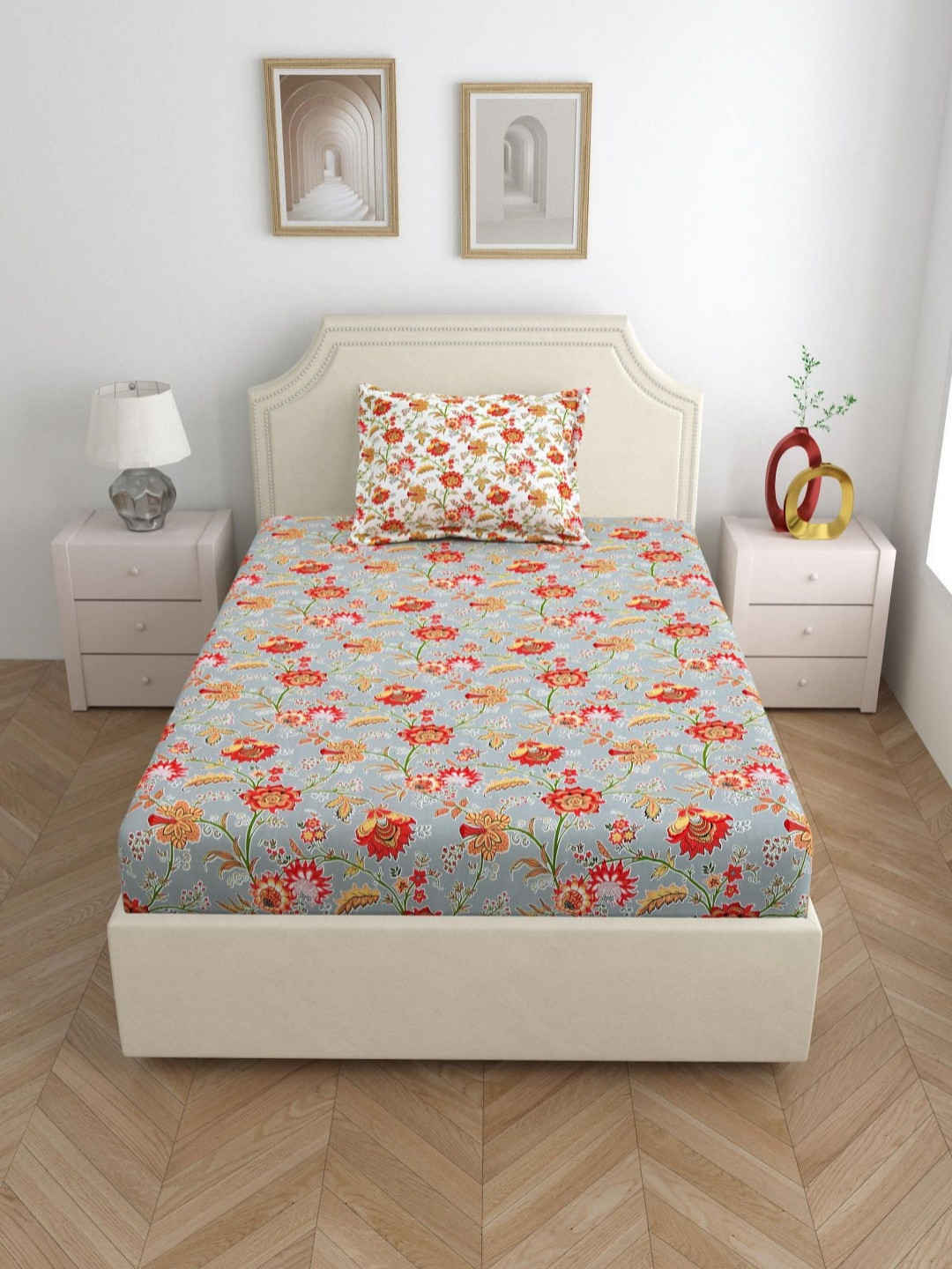 

Salona Bichona Grey & Orange Floral 144 TC Pure Cotton Single Bedsheet & 1 Pillow Covers