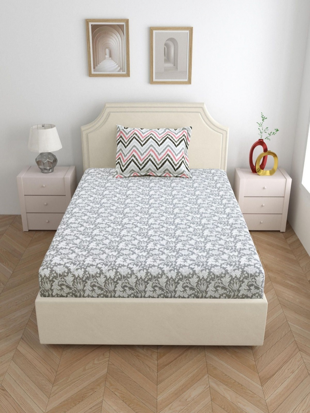 

Salona Bichona Grey & White Printed 144 TC Pure Cotton Single Bedsheet With 1 Pillow Cover