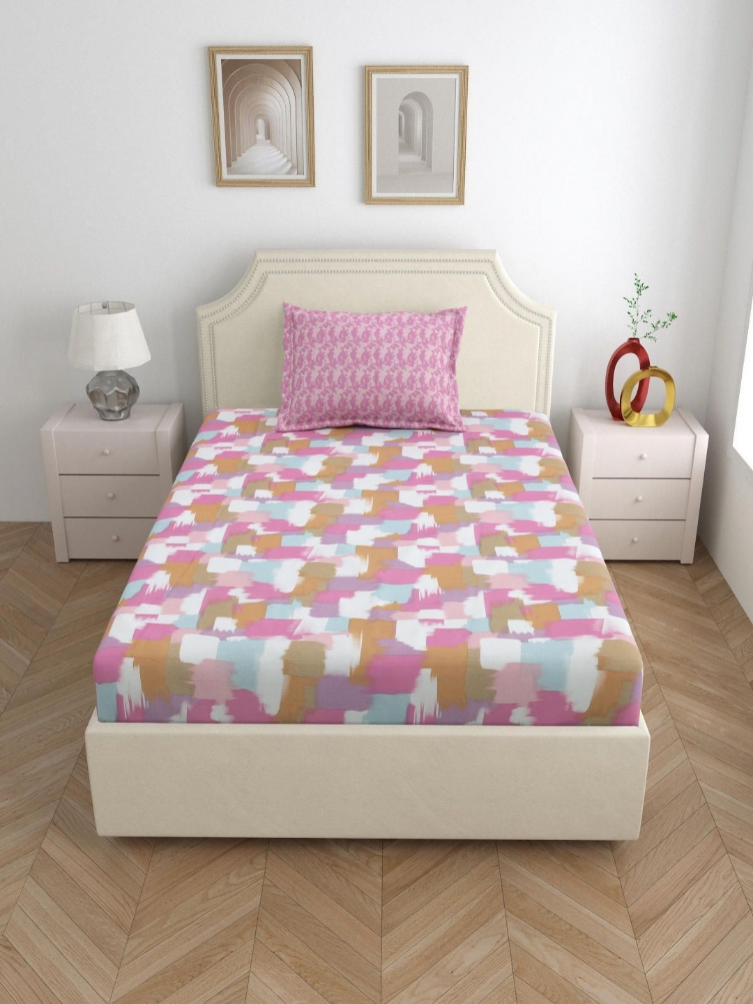 

Salona Bichona Pink & White Cotton 144 TC Single Bedsheet with 1 Pillow Covers