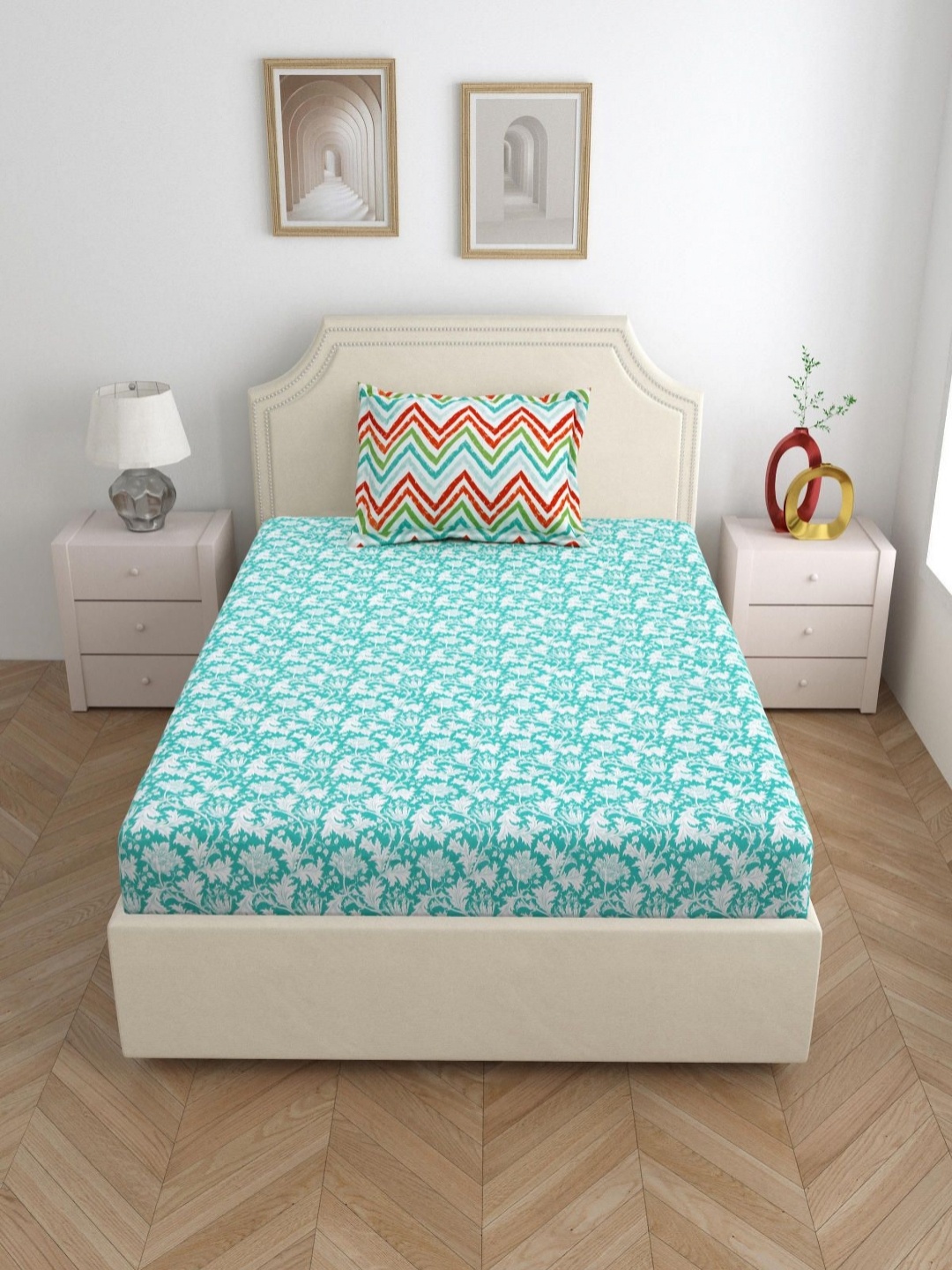 

Salona Bichona Blue & White Printed 144 TC Pure Cotton Single Bedsheet & 1 Pillow Cover