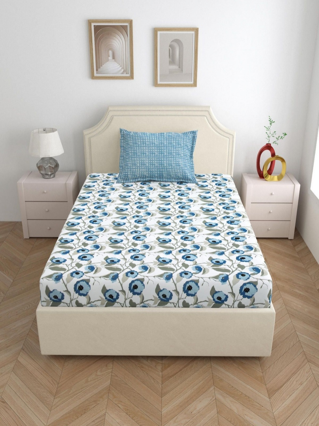 

Salona Bichona Blue & White Printed 144 TC Pure Cotton Single Bedsheet & 1 Pillow Cover