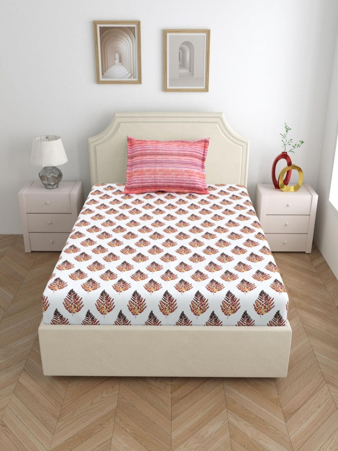 

Salona Bichona Pink & White Printed 144 TC Pure Cotton Single Bedsheet & 1 Pillow Cover