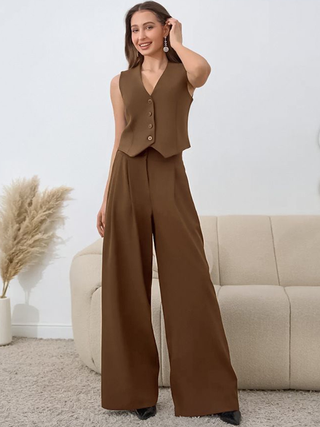 

MIAKEE V- Neck Sleeveless Top With Flared Trouser, Brown