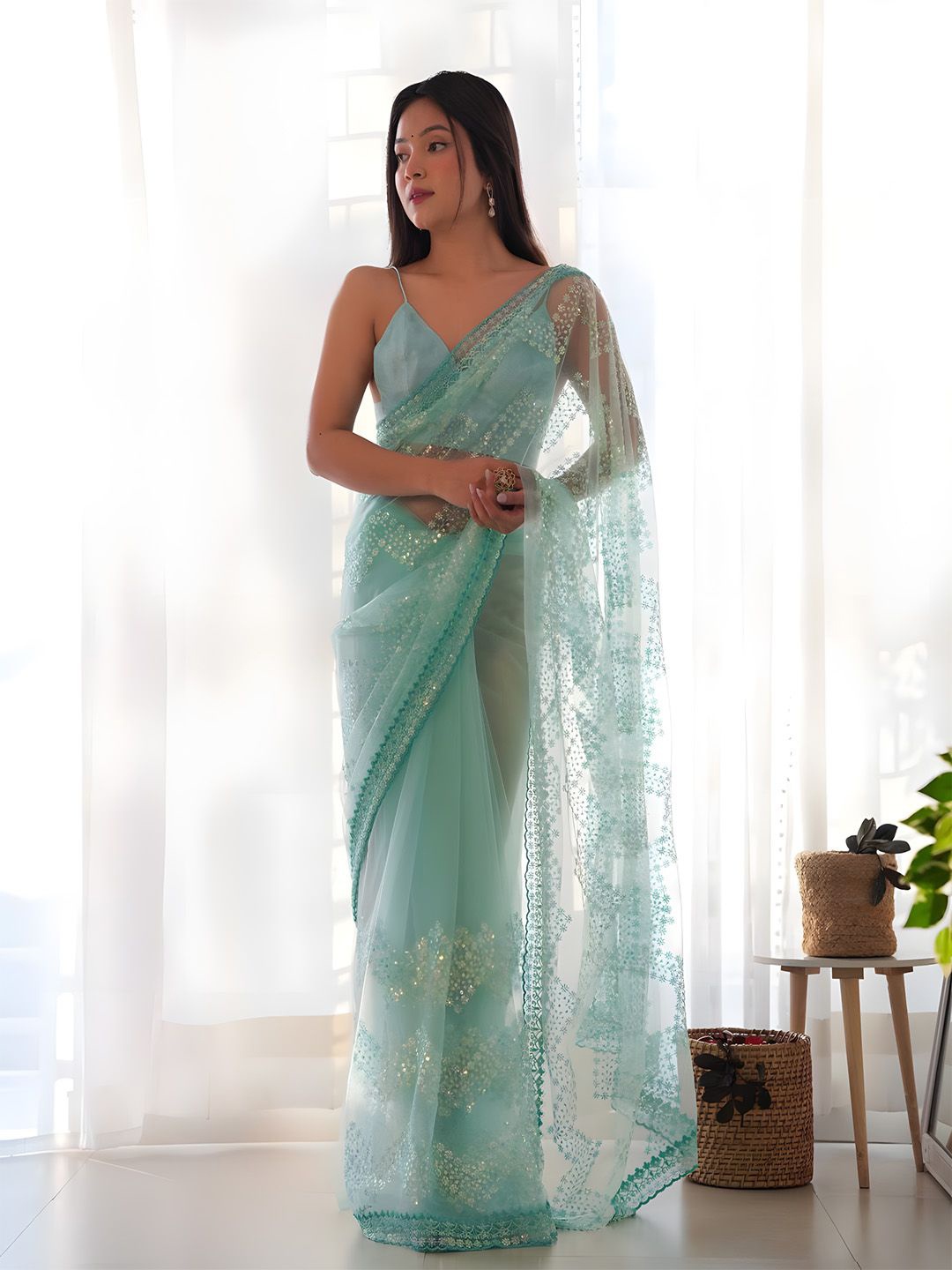 

Anouk Embellished Sequinned Net Saree, Blue