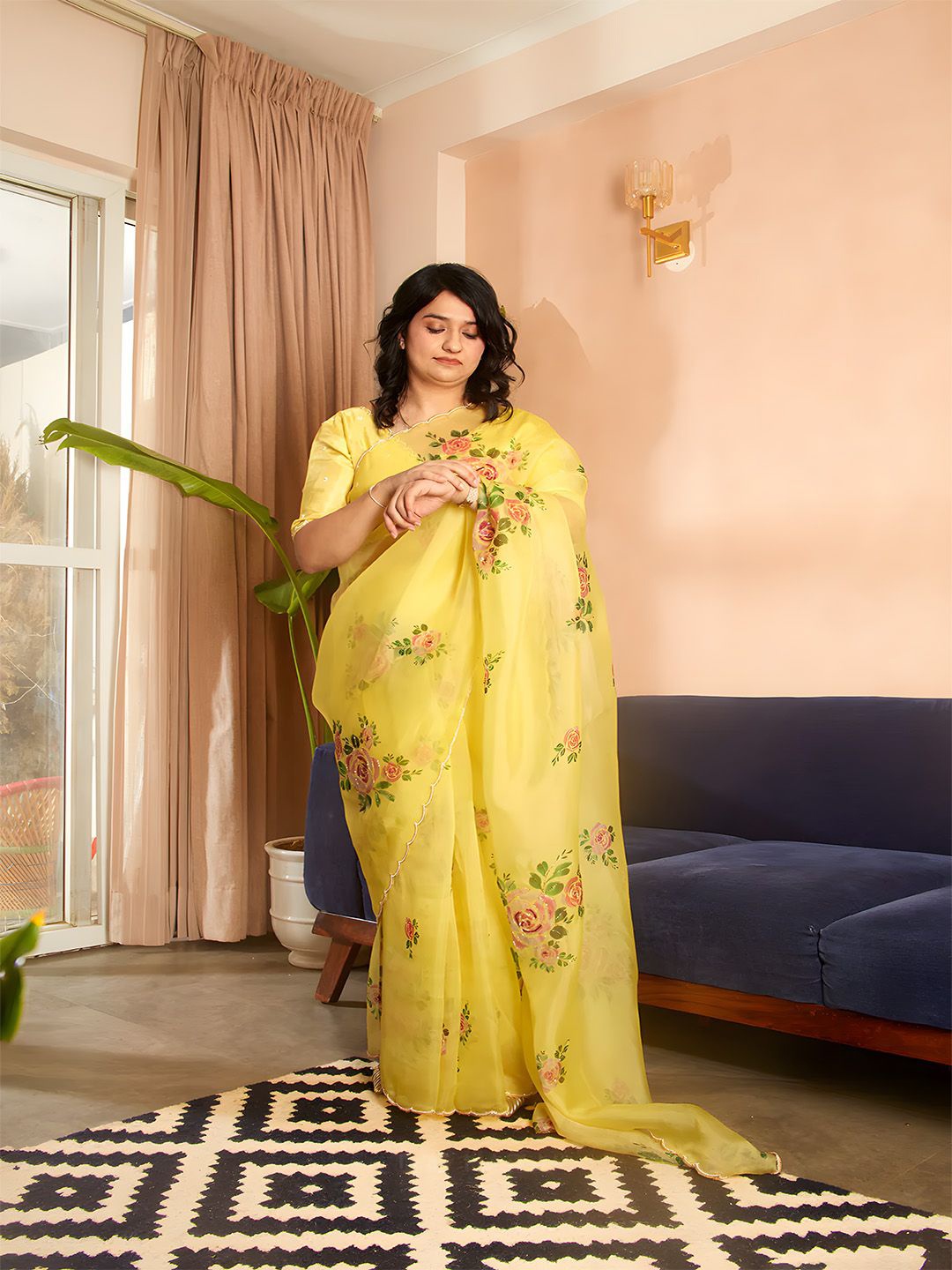 

Anouk Floral Beads and Stones Organza Saree, Yellow