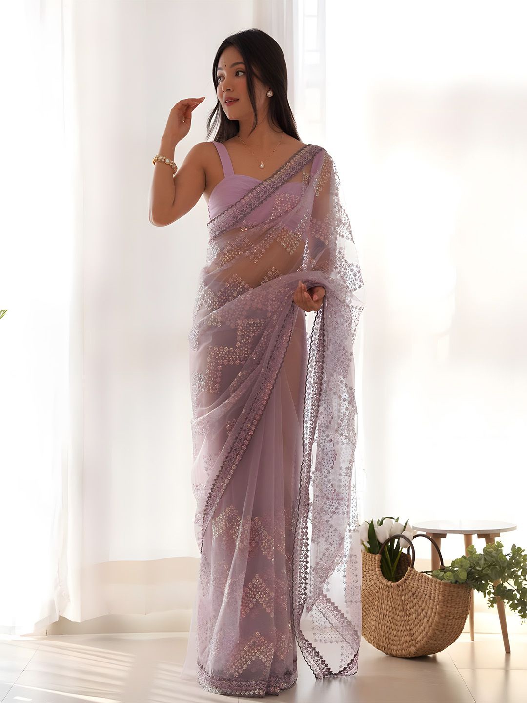 

Anouk Sone work saree With Sequinned Border, Lavender