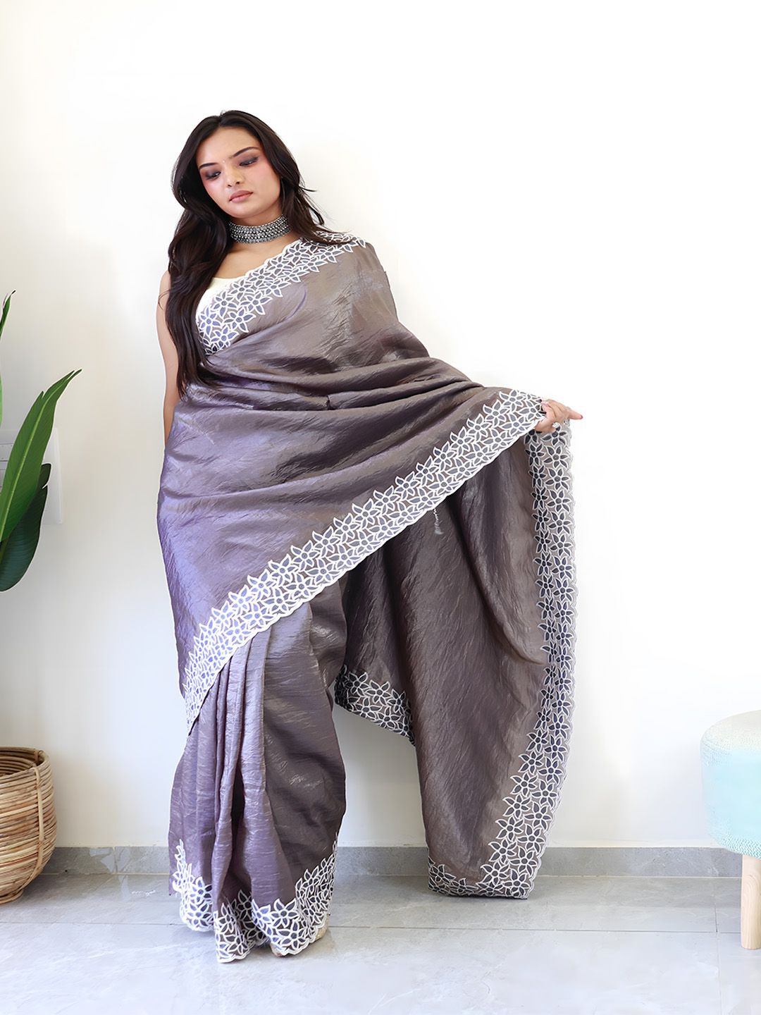 

Anouk Embroidered Tissue Saree, Grey