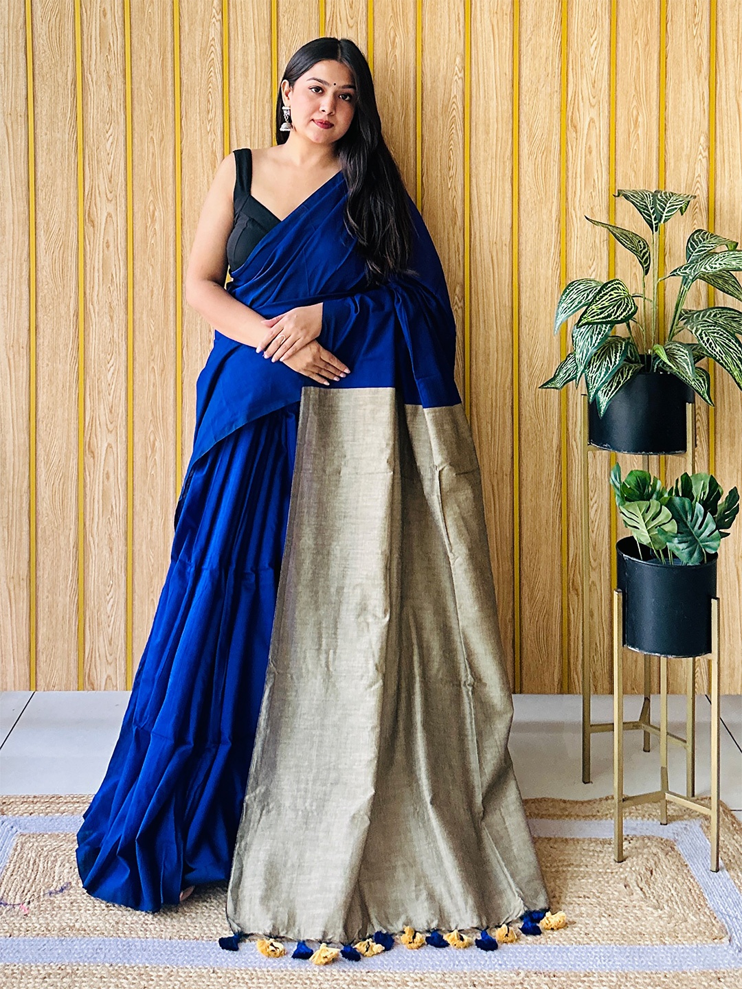 

Anouk Tassel Detailed Saree with No Border, Blue