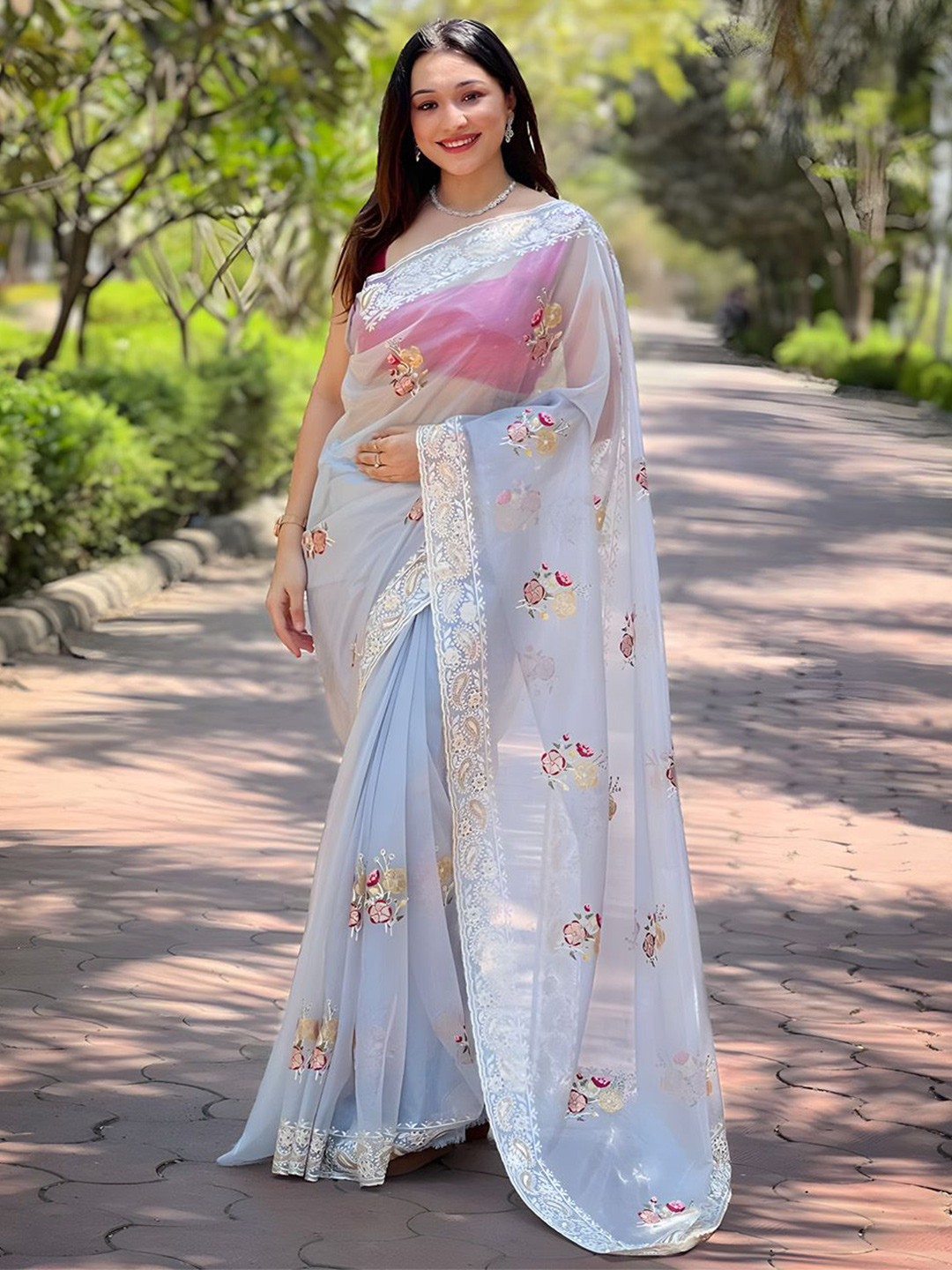 

Anouk Floral Embroidered Tissue Saree, Blue