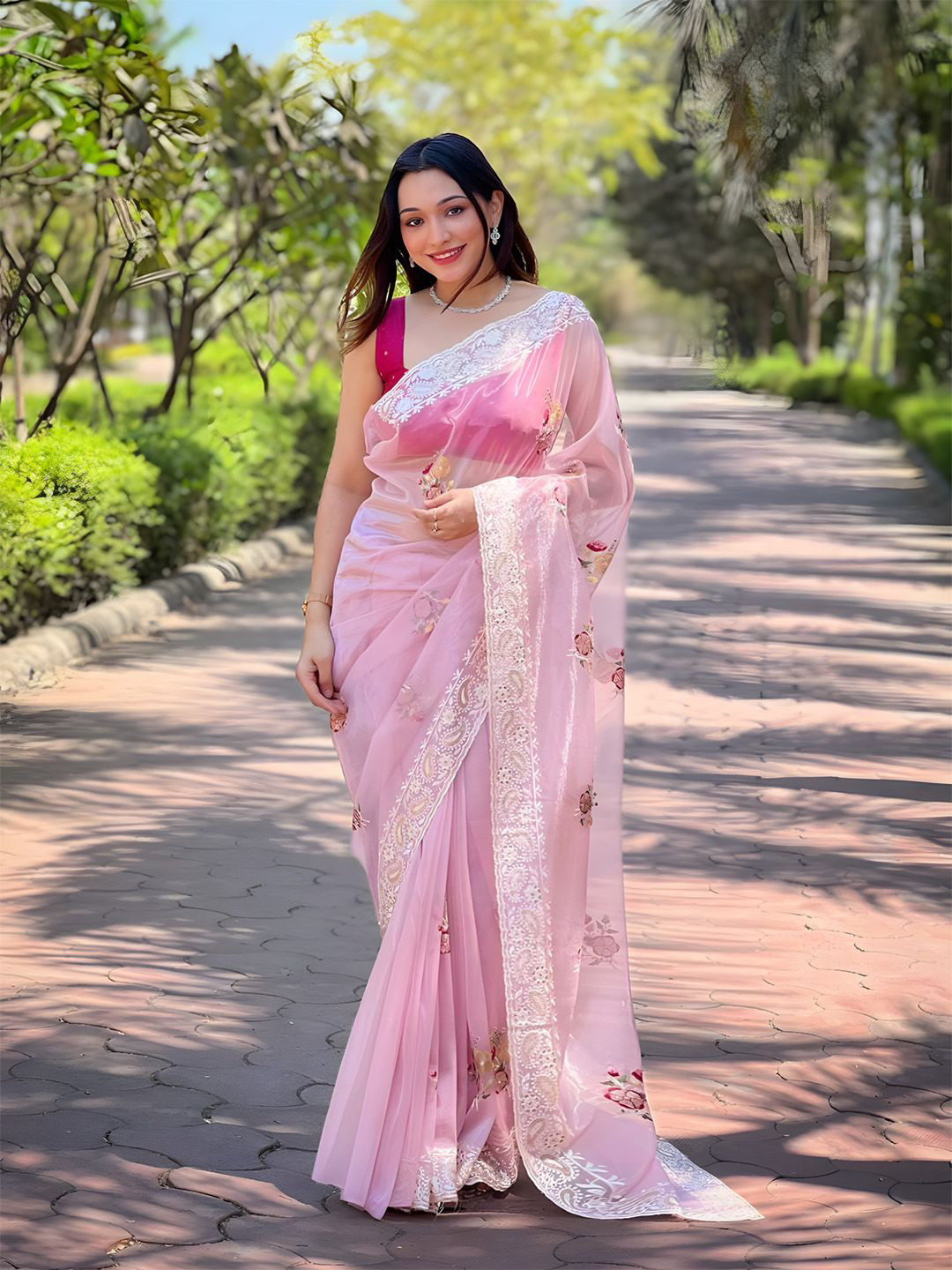 

Anouk Embroidered Border with floral sequinned work Saree, Pink
