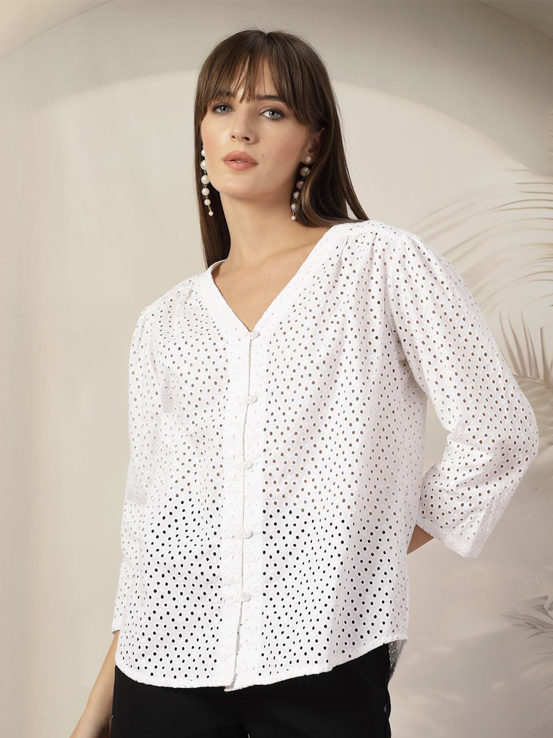 

plusS Women Geometric Print Cotton Shirt Style Top, White