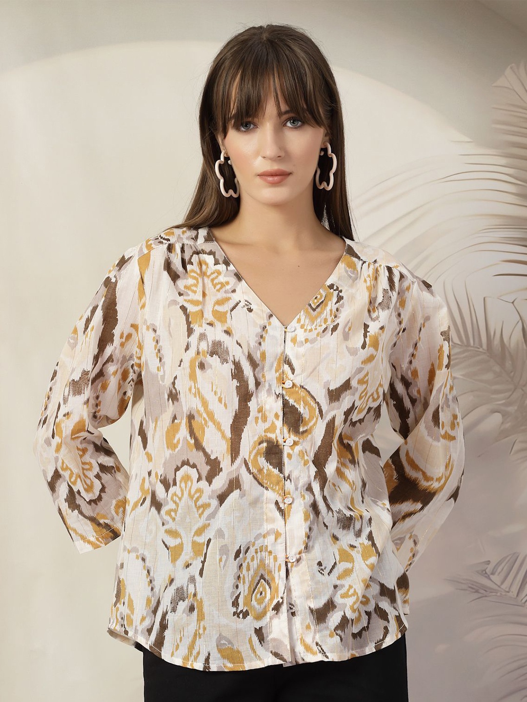 

plusS Women Animal Print Cuffed Sleeves Cotton Top, Brown