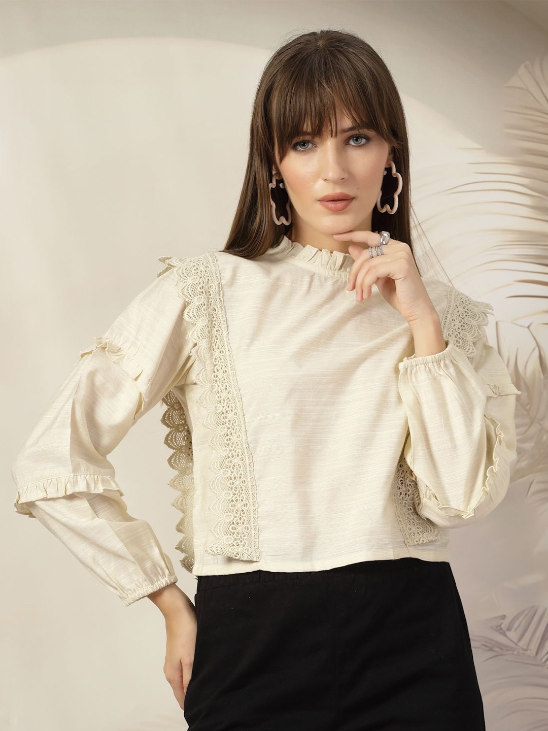 

plusS Women Solid High Neck Flared Sleeve Cotton Top, Beige