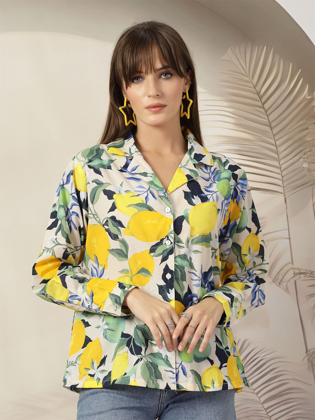 

plusS Women Floral Printed Cotton Casual Shirt, Off white