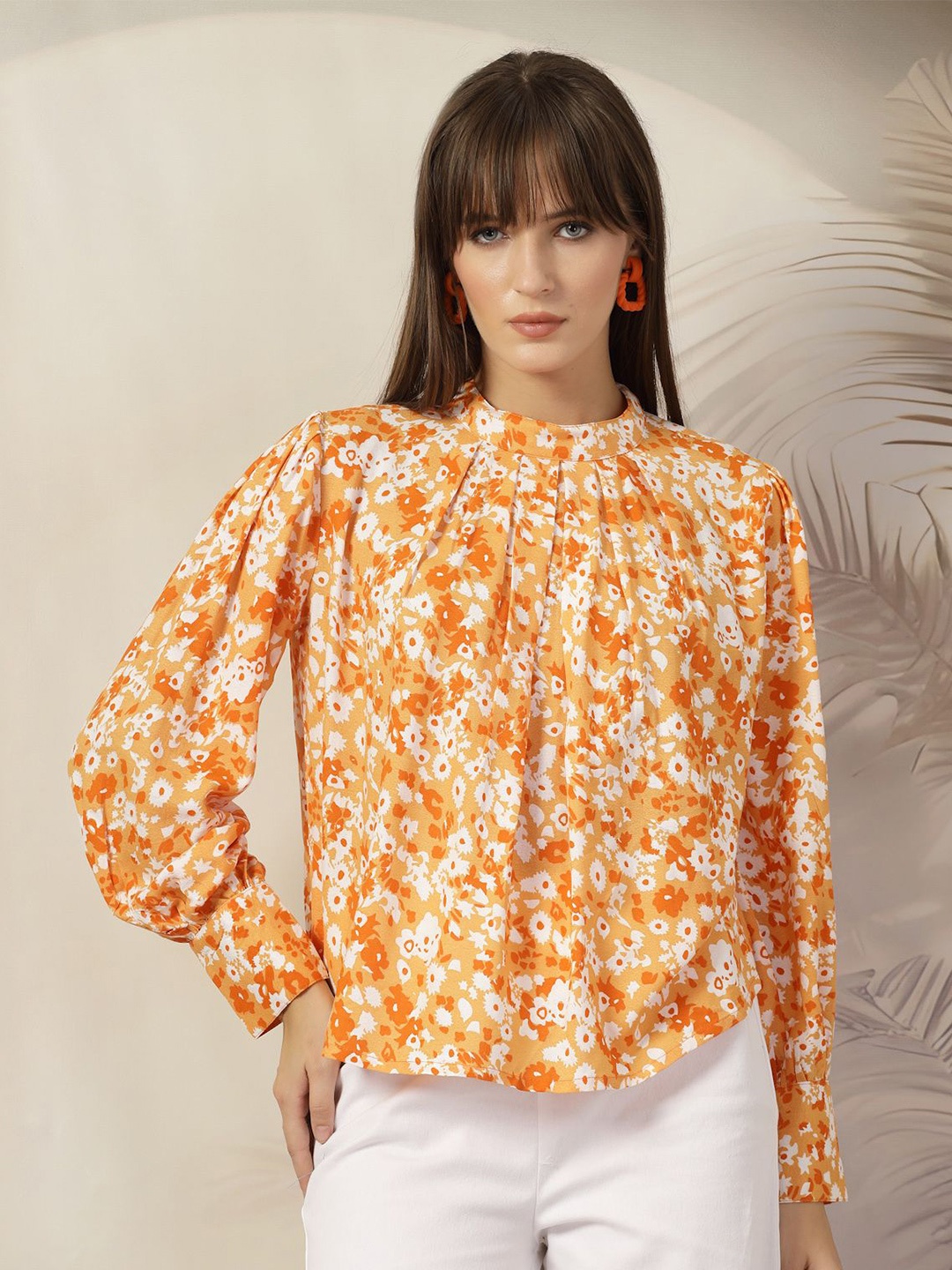 

plusS Floral Printed Pure Cotton Mandarin Collar Cotton Shirt Style Top, Orange
