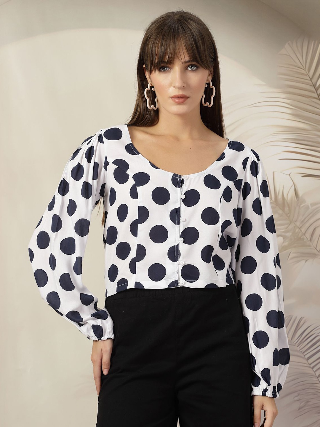 

plusS Polka Dot Print Round Neck Long Sleeves Cotton Top, White