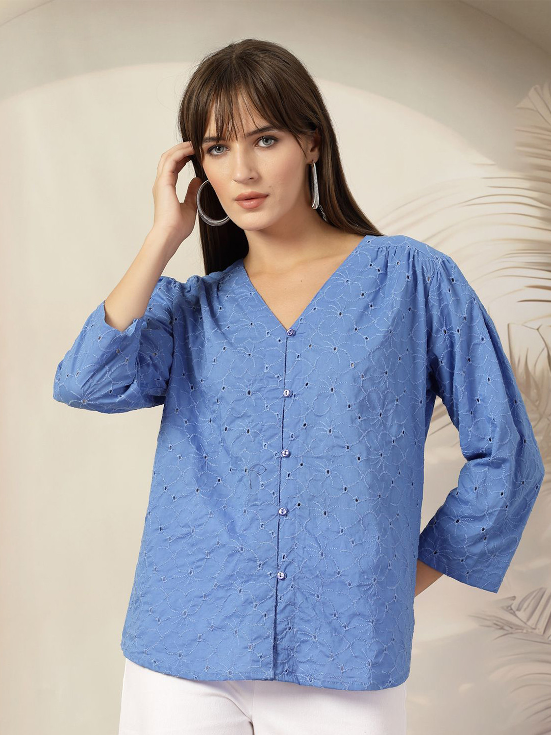 

plusS Women Geometric Print V-Neck Three-Quarter Sleeves Cotton Top, Blue