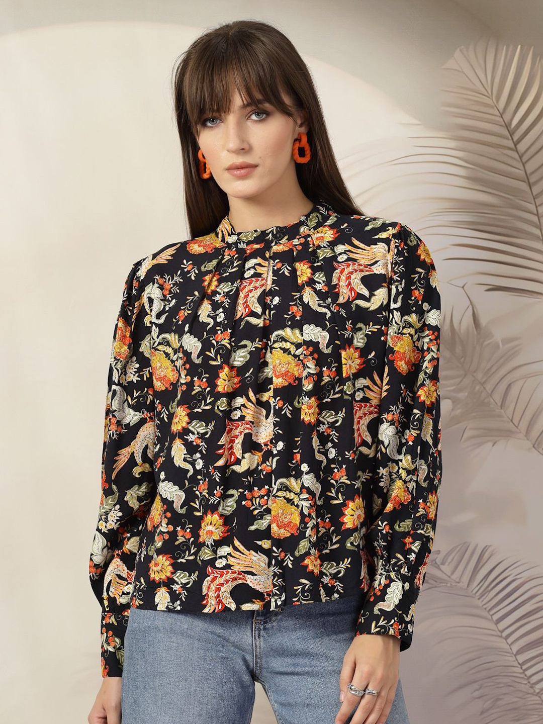 

plusS Floral Printed Pure Cotton Top, Black