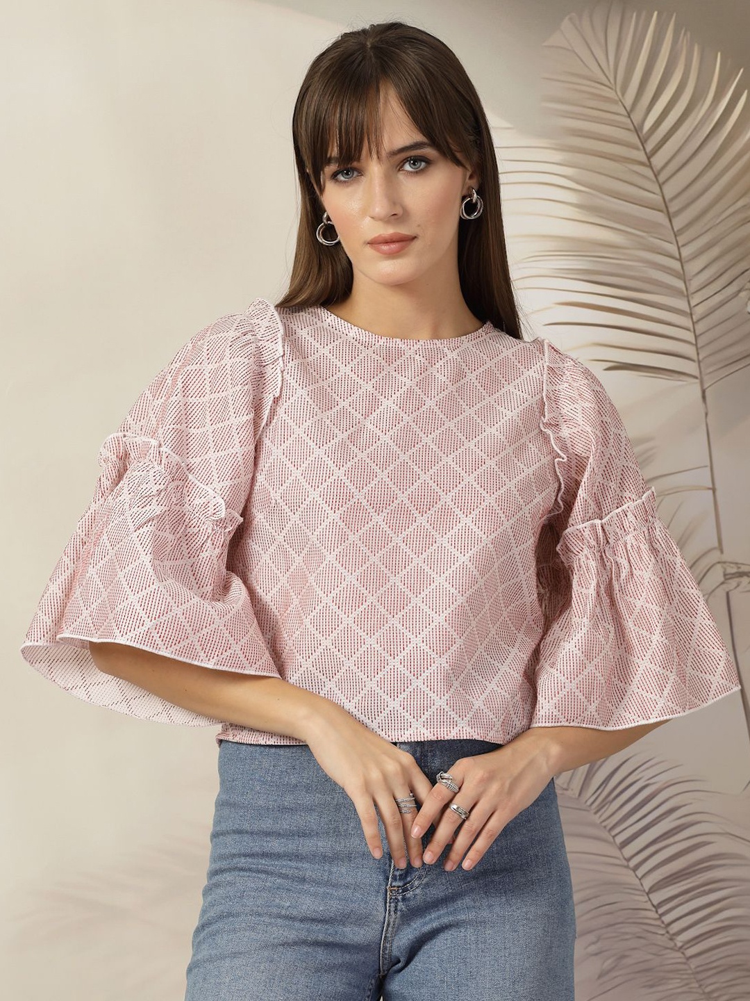 

plusS pure cotton boat neck horizontal stripes Bell Sleeve Top, Peach