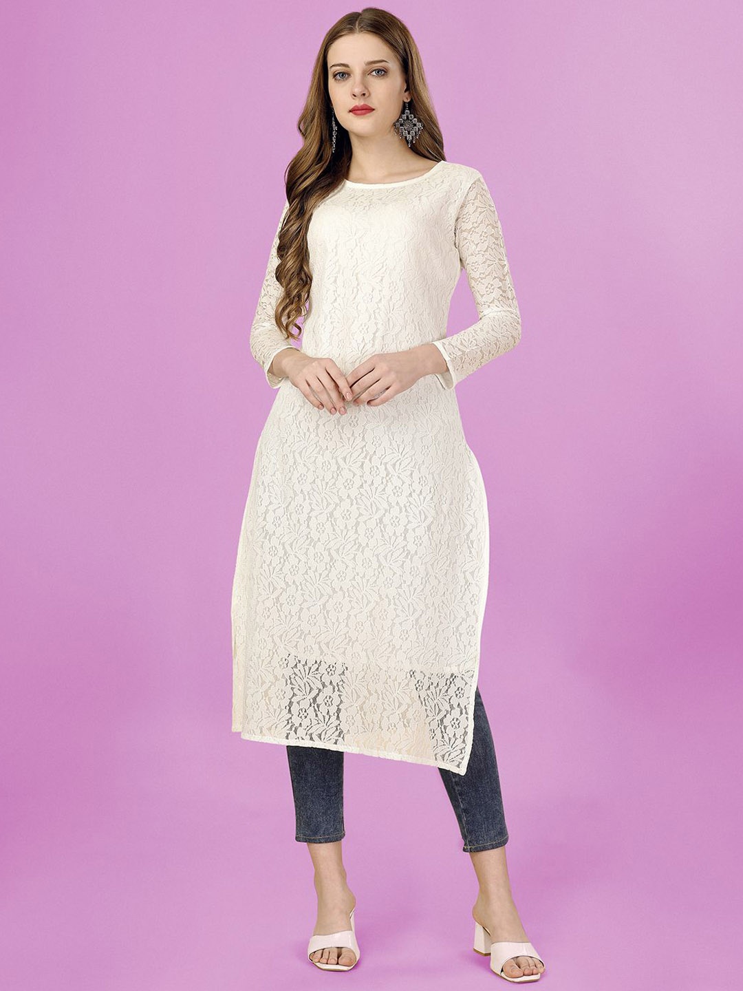

FORKEY Geometric Embroidered Boat Neck A-Line Kurta, Off white