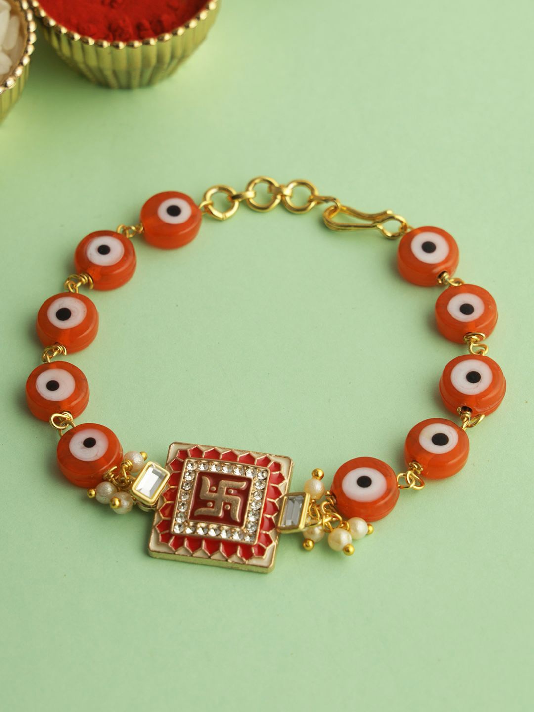 

Aapno Rajasthan Stone-Studded & Beaded Wraparound Rakhi, Red