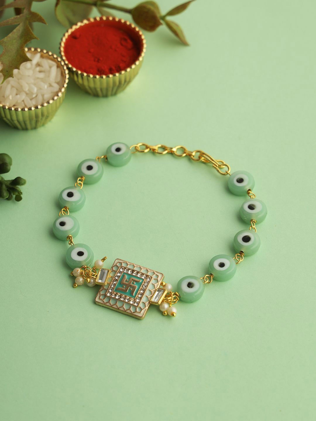 

Aapno Rajasthan Stone-Studded & Beaded Wraparound Rakhi, Green